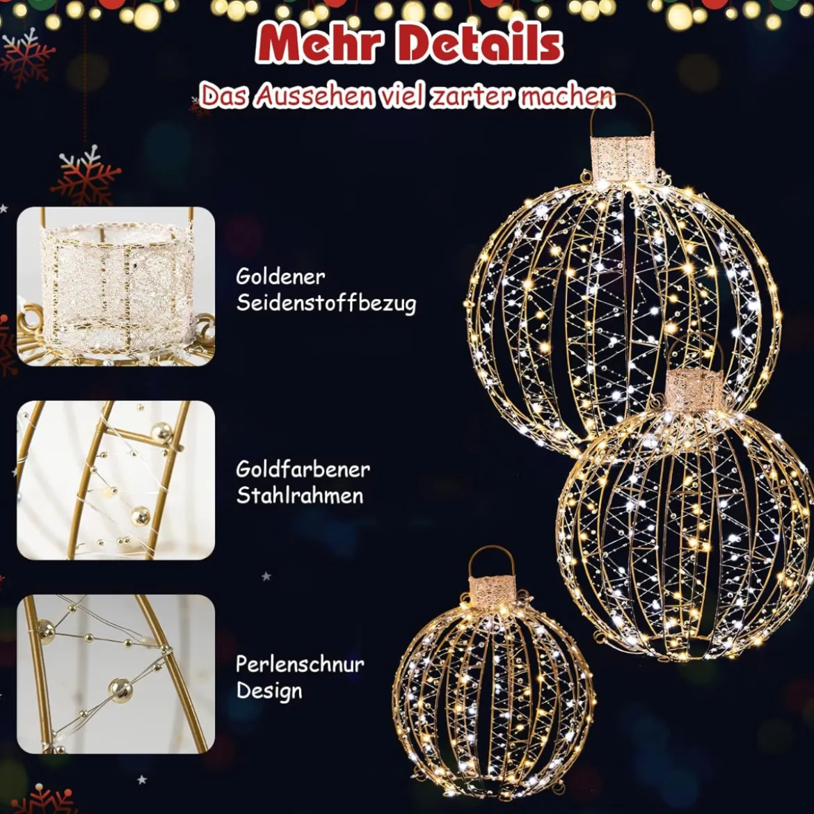 3er-Pack Weihnachtliche LED-Lichtkugeln Runde Weihnachtsbeleuchtung in 3 Größen Golden