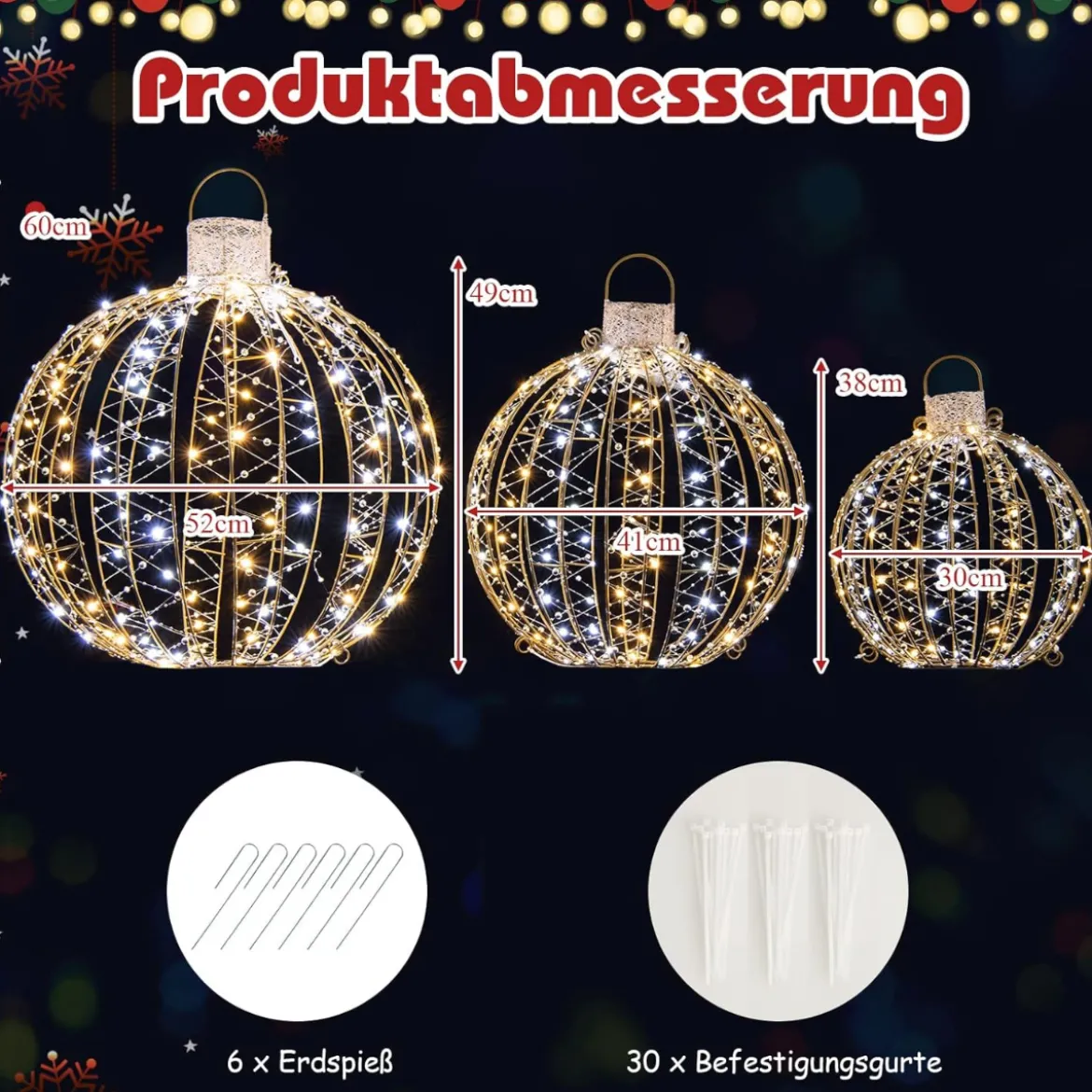 3er-Pack Weihnachtliche LED-Lichtkugeln Runde Weihnachtsbeleuchtung in 3 Größen Golden