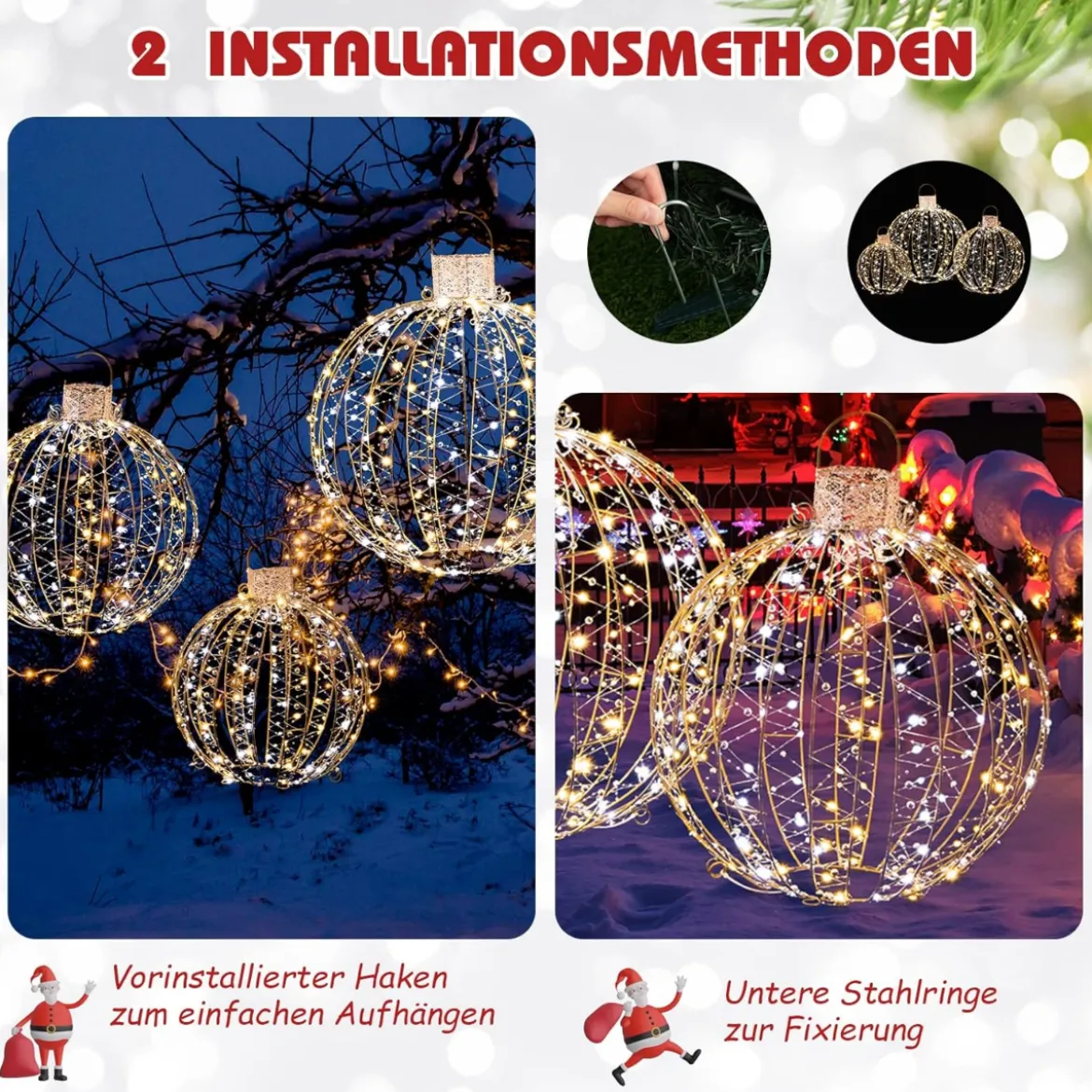 3er-Pack Weihnachtliche LED-Lichtkugeln Runde Weihnachtsbeleuchtung in 3 Größen Golden