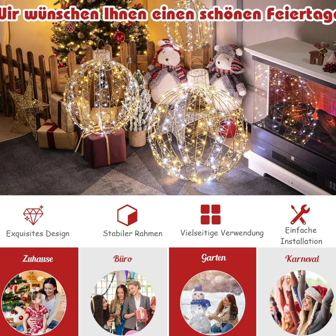 3er-Pack Weihnachtliche LED-Lichtkugeln Runde Weihnachtsbeleuchtung in 3 Größen Golden