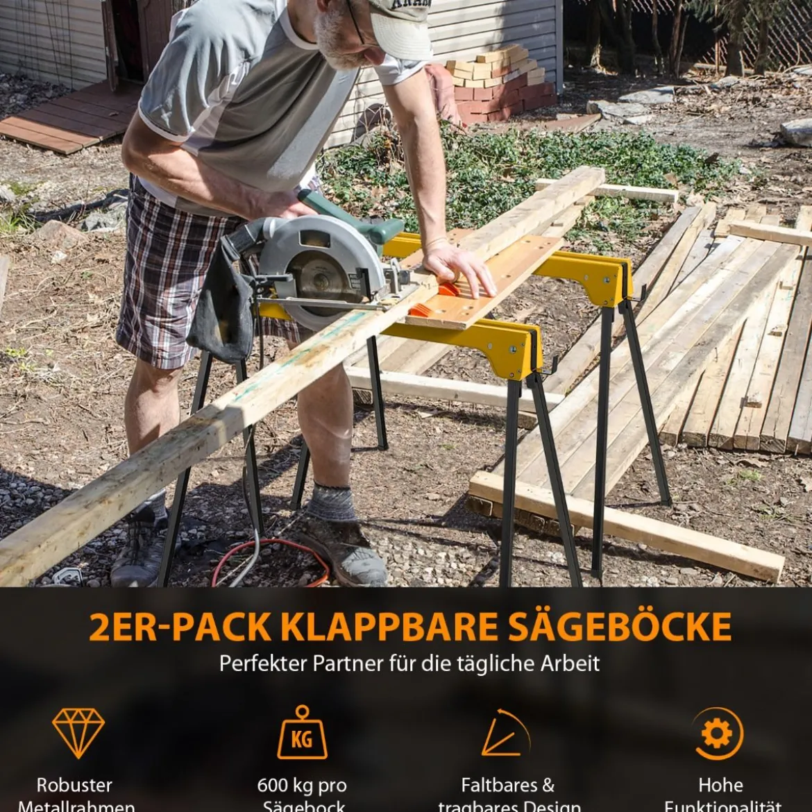 2er-Pack Zusammenklappbare Sägeböcke Kompaktes Elektrowerkzeug-Ständerpaket 92 x 48 x 74 cm