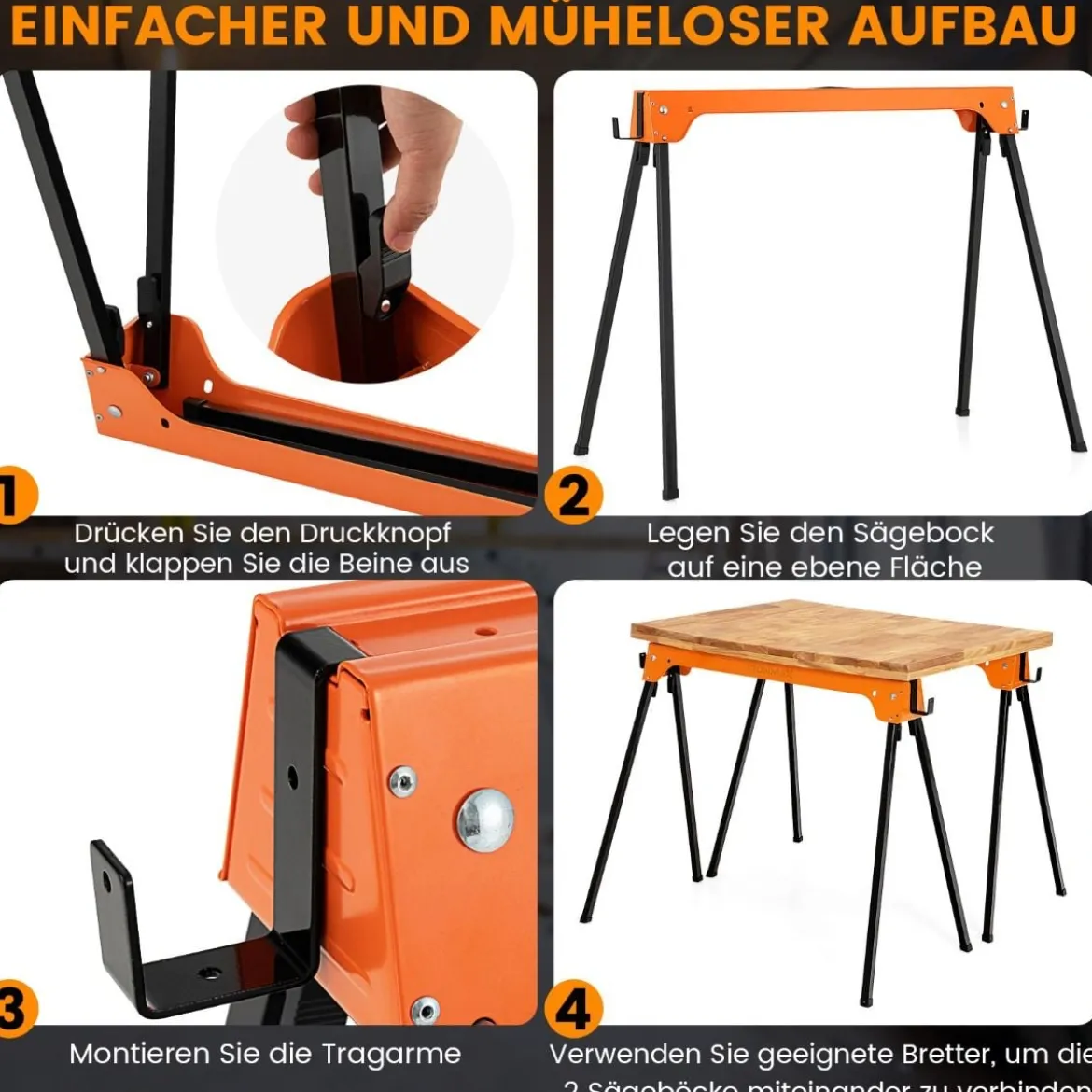 2er-Pack zusammenklappbare Sägeböcke kompaktes Elektrowerkzeug-Ständerpaket Orange