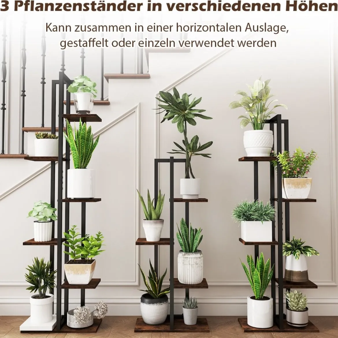 3er Pflanzenständer Set 4+5+6 Etagen Blumenständer aus Holz & Metall Blumenregal