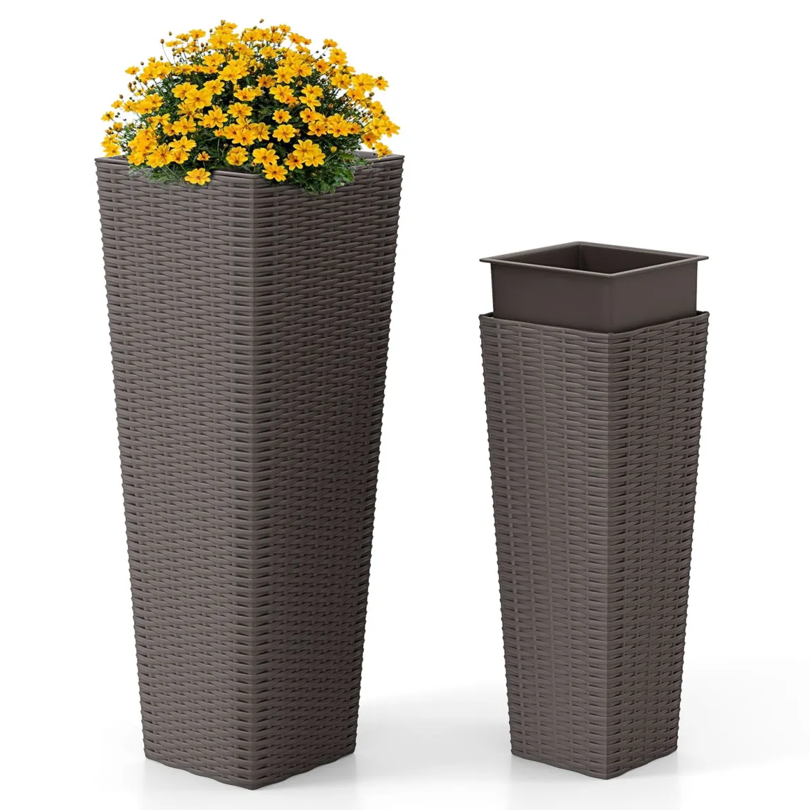 2er Pflanzkübel mit Innentopf 82 cm / 60 cm hoch Rattan Pflanzgefäße stapelbar Blumentöpfe mit Entwässerungslöchern Braun