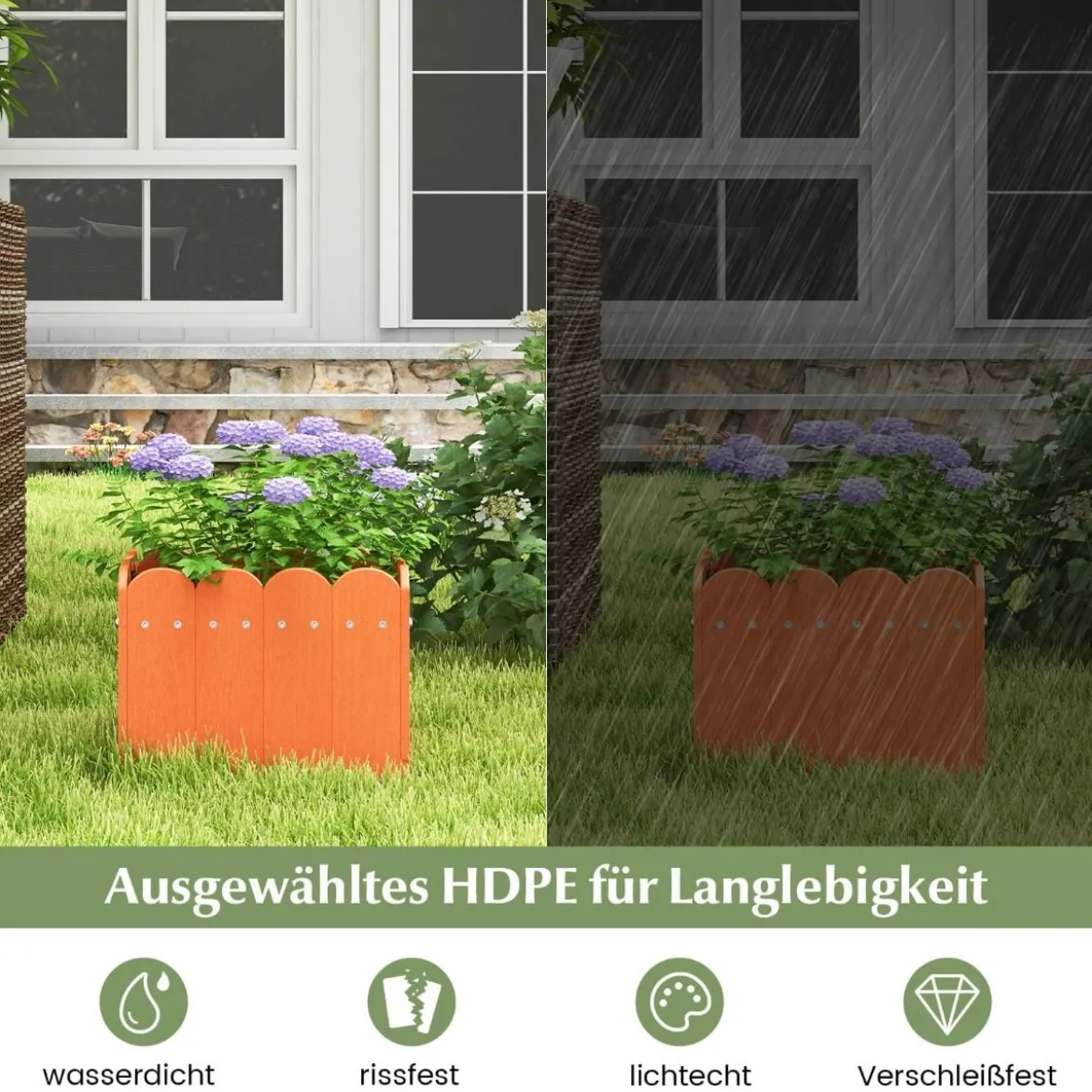 2er Pflanzkübel wetterfest Blumenkübel HDPE Garten Blumenkasten rechteckig 32 x 30 x 25 cm Orange