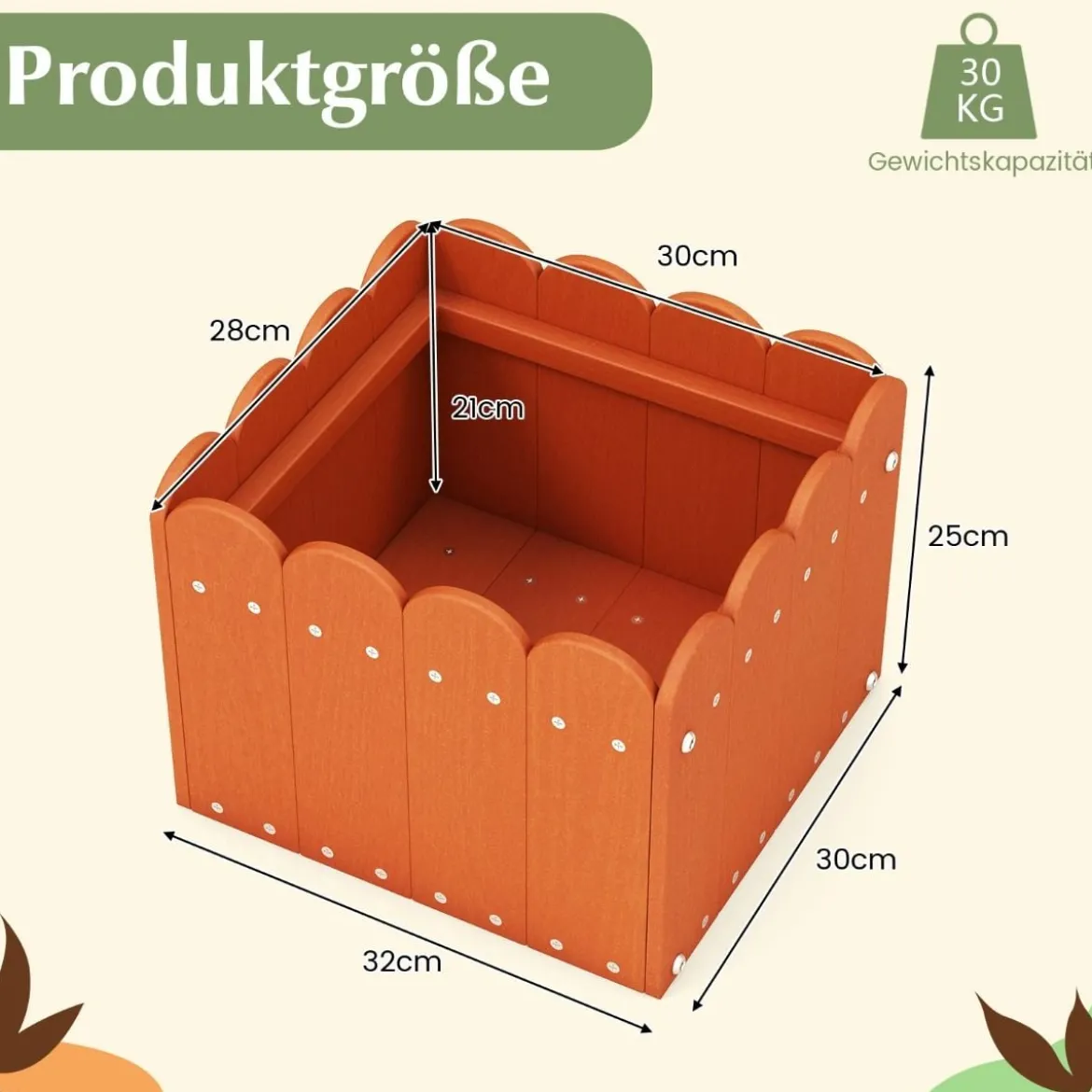 2er Pflanzkübel wetterfest Blumenkübel HDPE Garten Blumenkasten rechteckig 32 x 30 x 25 cm Orange