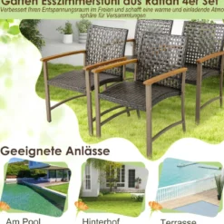 4er Rattan Gartenstuhlset mit Akazienholz-Armlehnen & Metallgestell Terrasse Essstühle