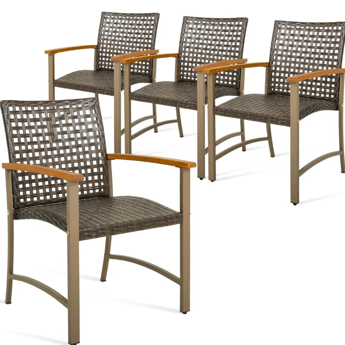 4er Rattan Gartenstuhlset mit Akazienholz-Armlehnen & Metallgestell Terrasse Essstühle