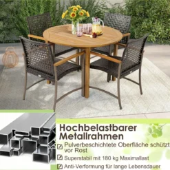 4er Rattan Gartenstuhlset mit Akazienholz-Armlehnen & Metallgestell Terrasse Essstühle