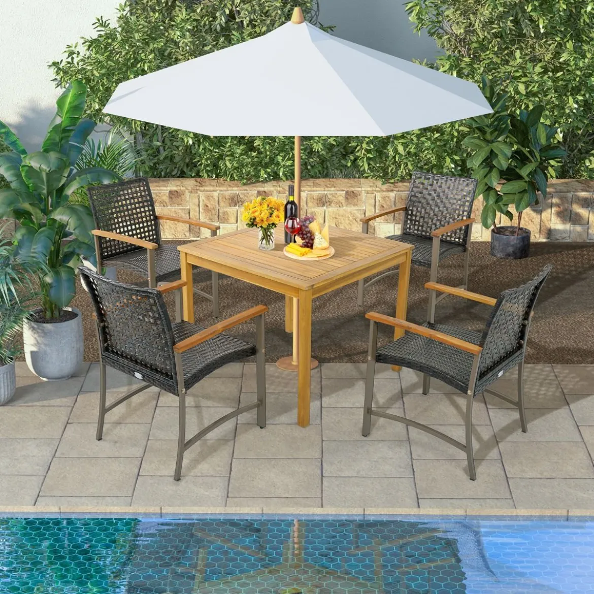 4er Rattan Gartenstuhlset mit Akazienholz-Armlehnen & Metallgestell Terrasse Essstühle