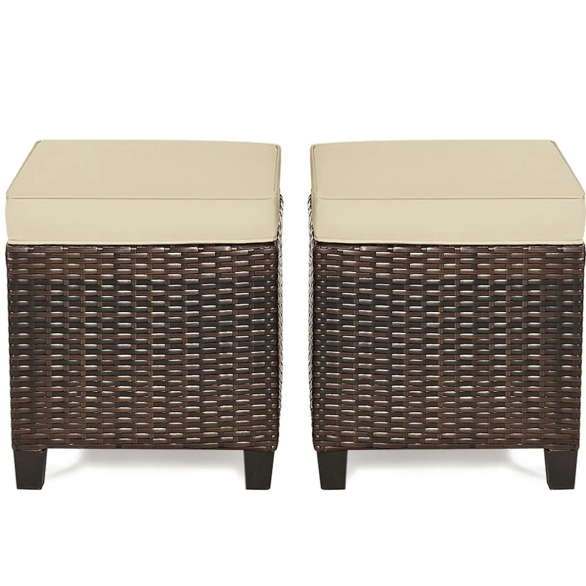 2er Ratten Sitzhocker Garten Hocker Rattan-Ottomanen mit Sitzkissen 40 x 40 x 45 cm Braun + Beige
