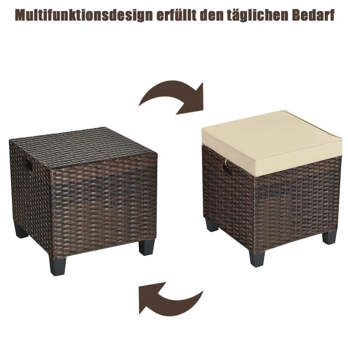 2er Ratten Sitzhocker Garten Hocker Rattan-Ottomanen mit Sitzkissen 40 x 40 x 45 cm Braun + Beige
