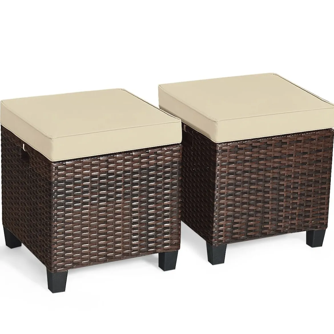 2er Ratten Sitzhocker Garten Hocker Rattan-Ottomanen mit Sitzkissen 40 x 40 x 45 cm Braun + Beige