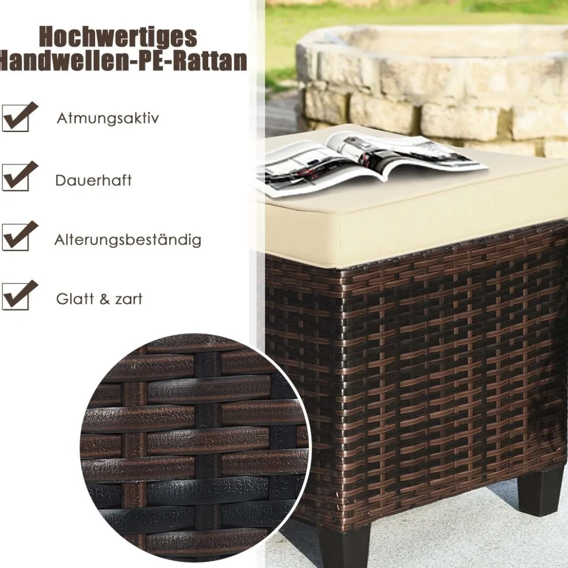 2er Ratten Sitzhocker Garten Hocker Rattan-Ottomanen mit Sitzkissen 40 x 40 x 45 cm Braun + Beige