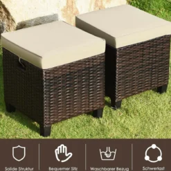 2er Ratten Sitzhocker Garten Hocker Rattan-Ottomanen mit Sitzkissen 40 x 40 x 45 cm Braun + Beige