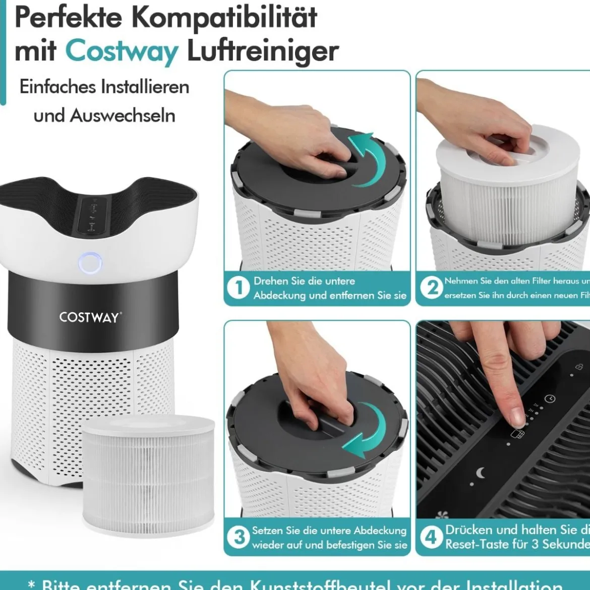 Ersatzfilter für Luftreiniger Echter 3-in-1-H13-HEPA-Filter und Aktivkohlefilter Weiß