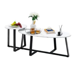 2er Satztisch Set - Couchtisch & Runder Beistelltisch Marmor Optik mit Metallrahmen