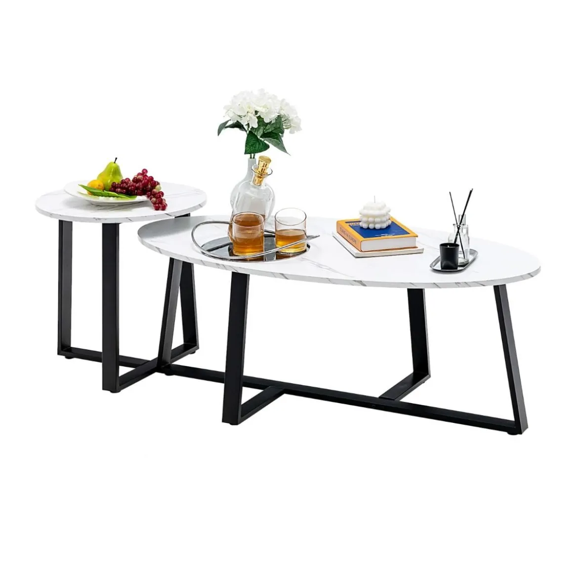 2er Satztisch Set - Couchtisch & Runder Beistelltisch Marmor Optik mit Metallrahmen