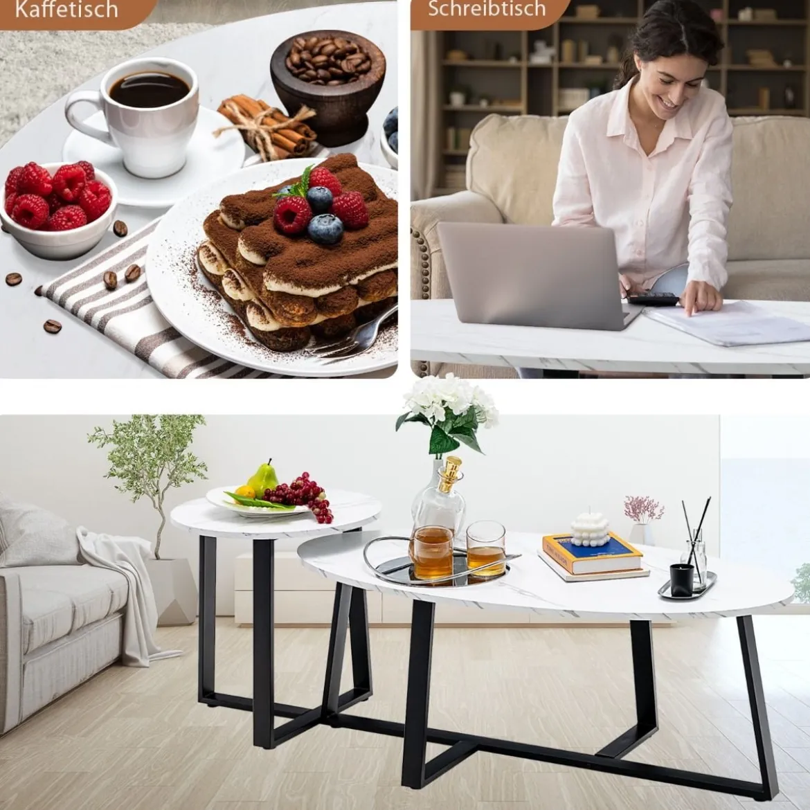 2er Satztisch Set - Couchtisch & Runder Beistelltisch Marmor Optik mit Metallrahmen
