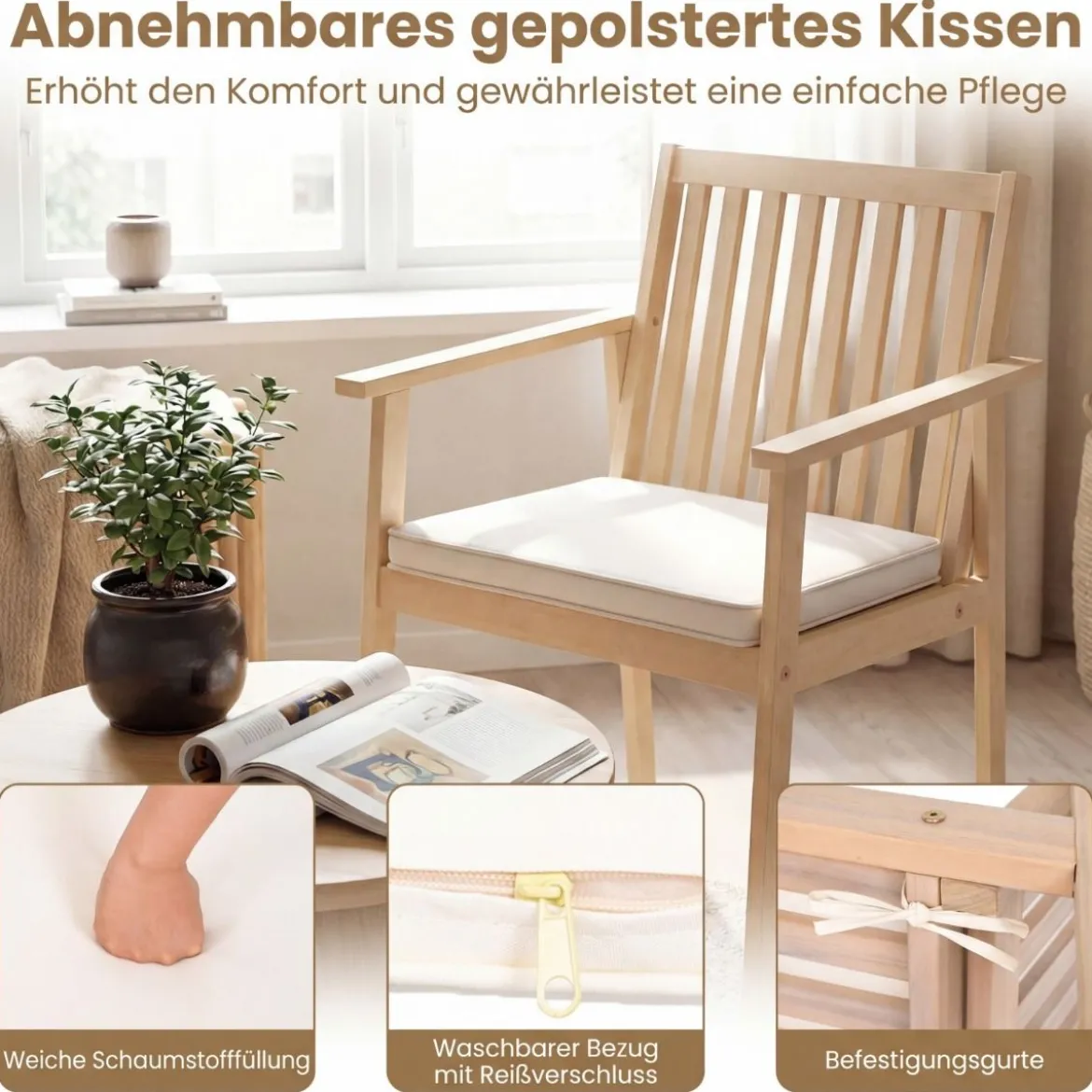 2er Set Akazienholz Gartenstühle mit Kissen & Armlehnen & 180 kg Tragfähigkeit Graulich-weiß