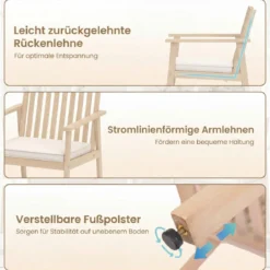 2er Set Akazienholz Gartenstühle mit Kissen & Armlehnen & 180 kg Tragfähigkeit Graulich-weiß