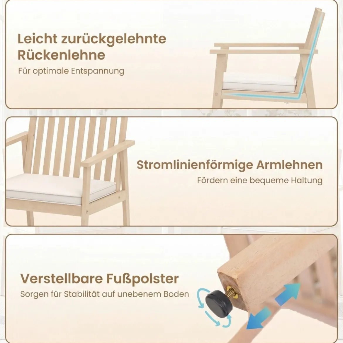 2er Set Akazienholz Gartenstühle mit Kissen & Armlehnen & 180 kg Tragfähigkeit Graulich-weiß