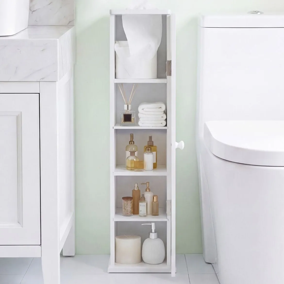 2er Set Badezimmerschrank mit 3 Abnehmbaren Regalen 16cm Breit Toilettenschrank Weiß