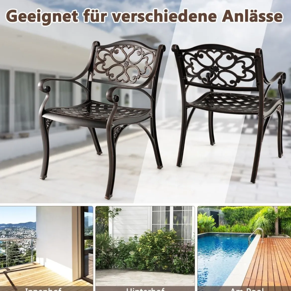 2er Set Balkonstühle aus Aluminiumguss mit Armlehnen Wetterfeste Terrassenstühle Bronze