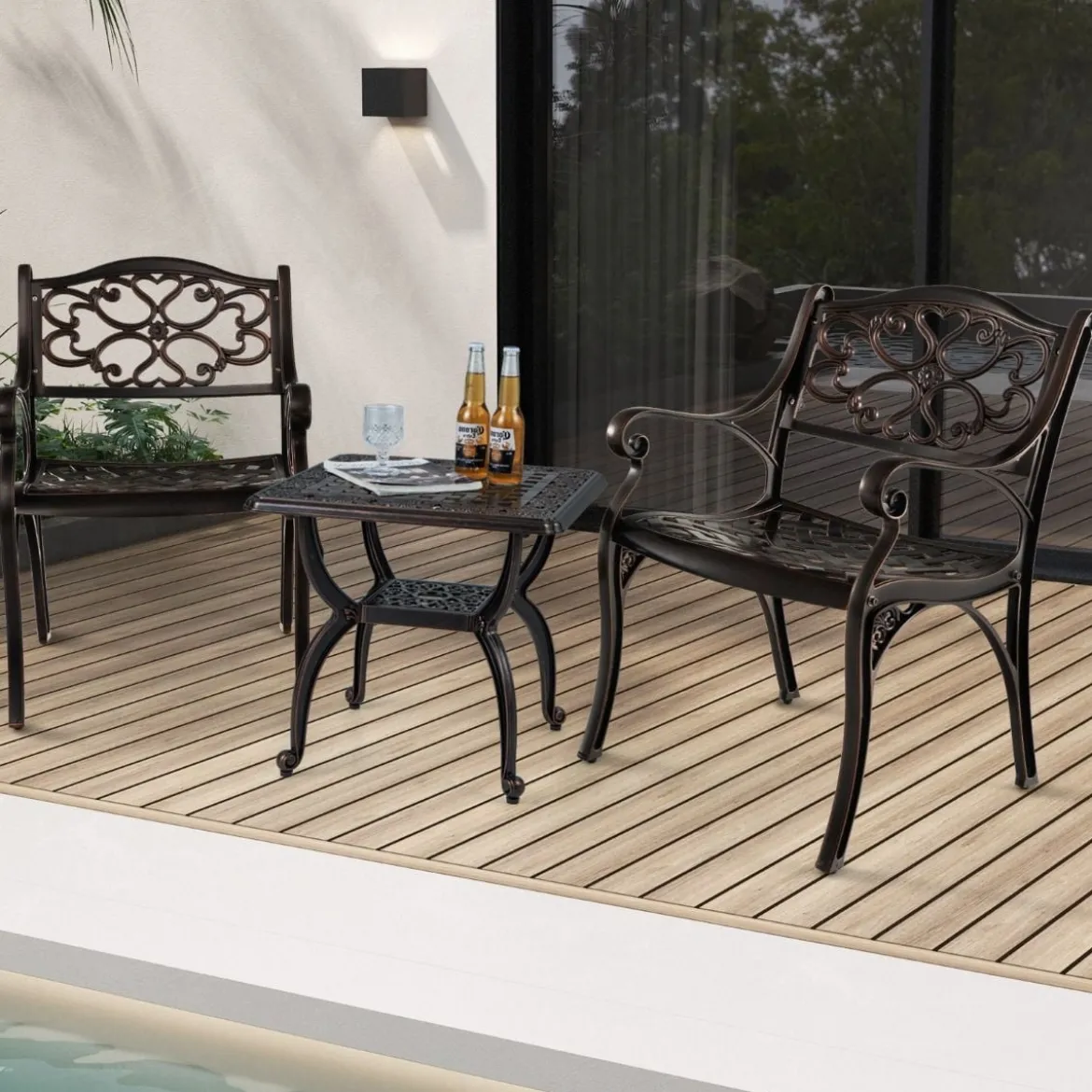 2er Set Balkonstühle aus Aluminiumguss mit Armlehnen Wetterfeste Terrassenstühle Bronze