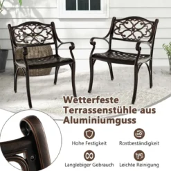 2er Set Balkonstühle aus Aluminiumguss mit Armlehnen Wetterfeste Terrassenstühle Bronze