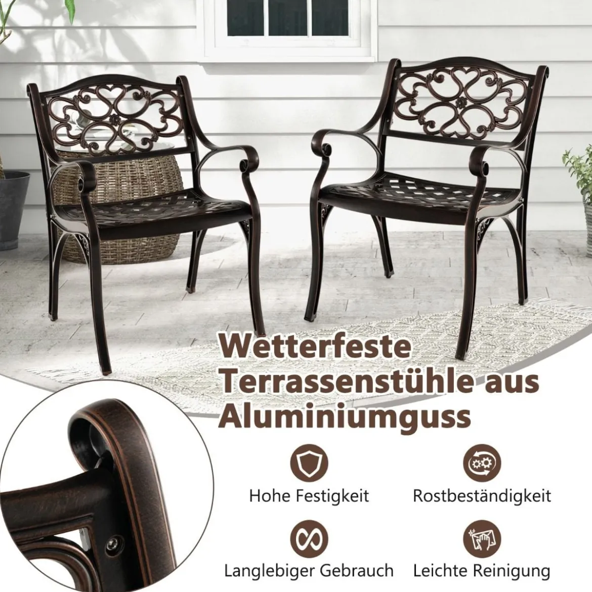 2er Set Balkonstühle aus Aluminiumguss mit Armlehnen Wetterfeste Terrassenstühle Bronze