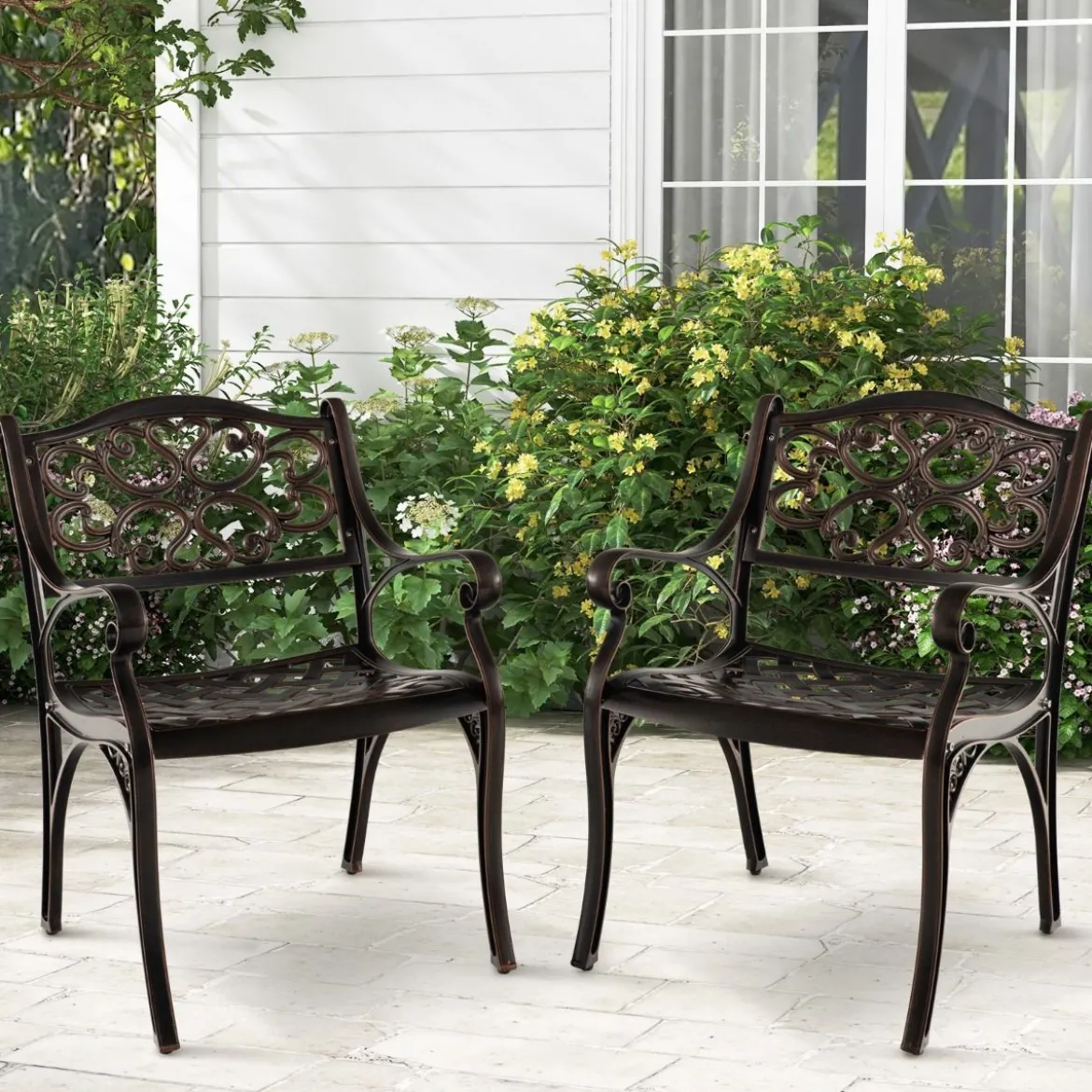 2er Set Balkonstühle aus Aluminiumguss mit Armlehnen Wetterfeste Terrassenstühle Bronze