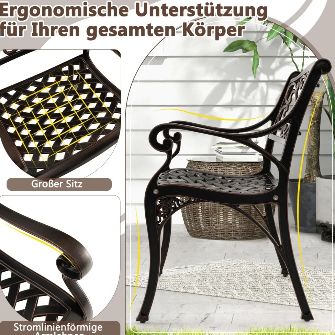 2er Set Balkonstühle aus Aluminiumguss mit Armlehnen Wetterfeste Terrassenstühle Bronze