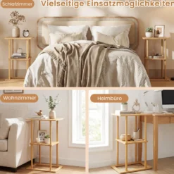 2er Set Bambus Beistelltisch mit Aufbewahrungsregalen Rechteckiger Sofatisch Couchtisch Natur