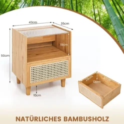 2er Set Bambus Nachttisch mit Schublade Beistelltisch mit Verstecktem Stauraum Natur