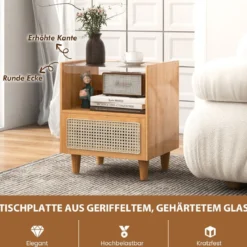 2er Set Bambus Nachttisch mit Schublade Beistelltisch mit Verstecktem Stauraum Natur