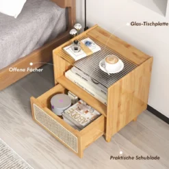2er Set Bambus Nachttisch mit Schublade Beistelltisch mit Verstecktem Stauraum Natur