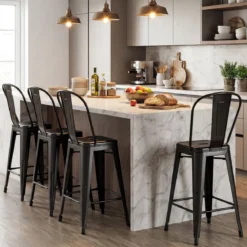 4er Set Barhocker aus Metall Stapelbar mit Abnehmbarer Rückenlehne 44,5 x 45,5 x 103 cm