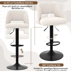 2 er Set Barhocker aus Teddystoff mit Rückenlehne & Fußstütze Barstühle Sitzhocker Thekenhocker