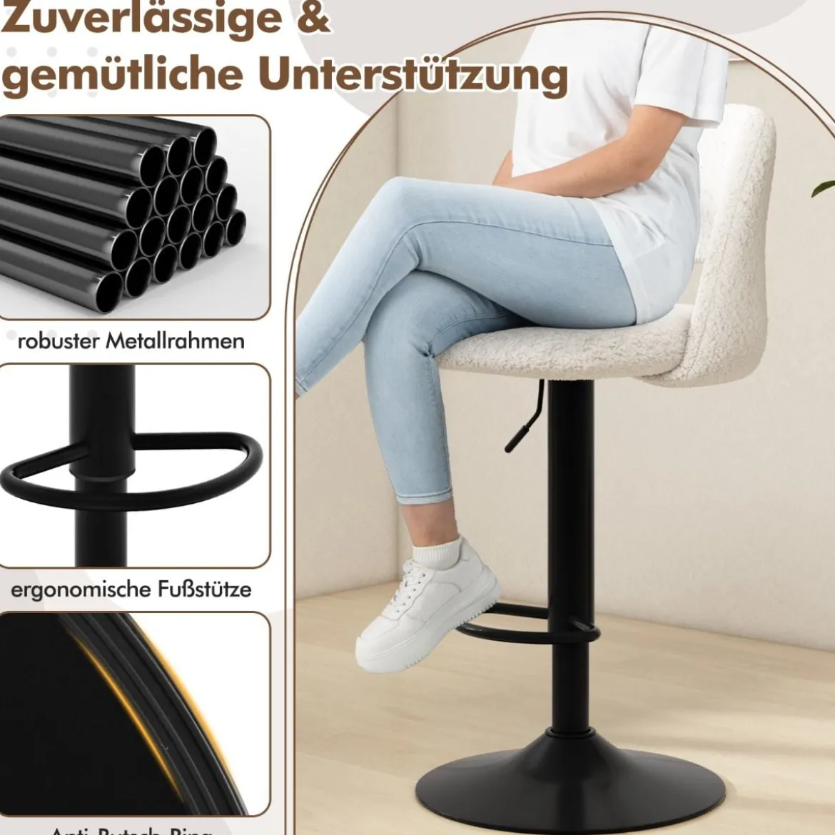 2 er Set Barhocker aus Teddystoff mit Rückenlehne & Fußstütze Barstühle Sitzhocker Thekenhocker