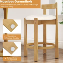 2er Set Barhocker Barstühle Holz mit Rückenlehnen & Fußstützen Küchenhocker Sitzhöhe 62cm Natur