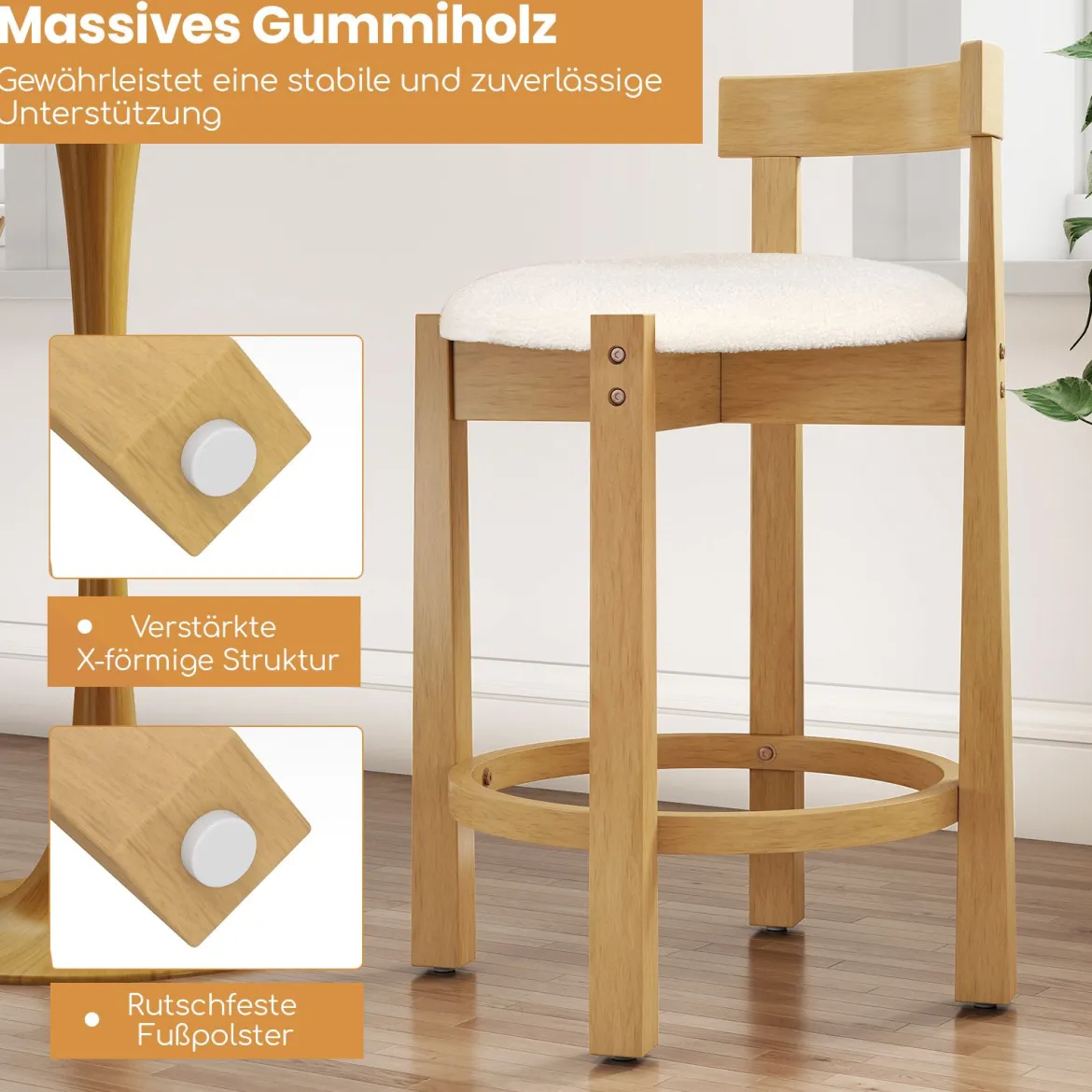 2er Set Barhocker Barstühle Holz mit Rückenlehnen & Fußstützen Küchenhocker Sitzhöhe 62cm Natur