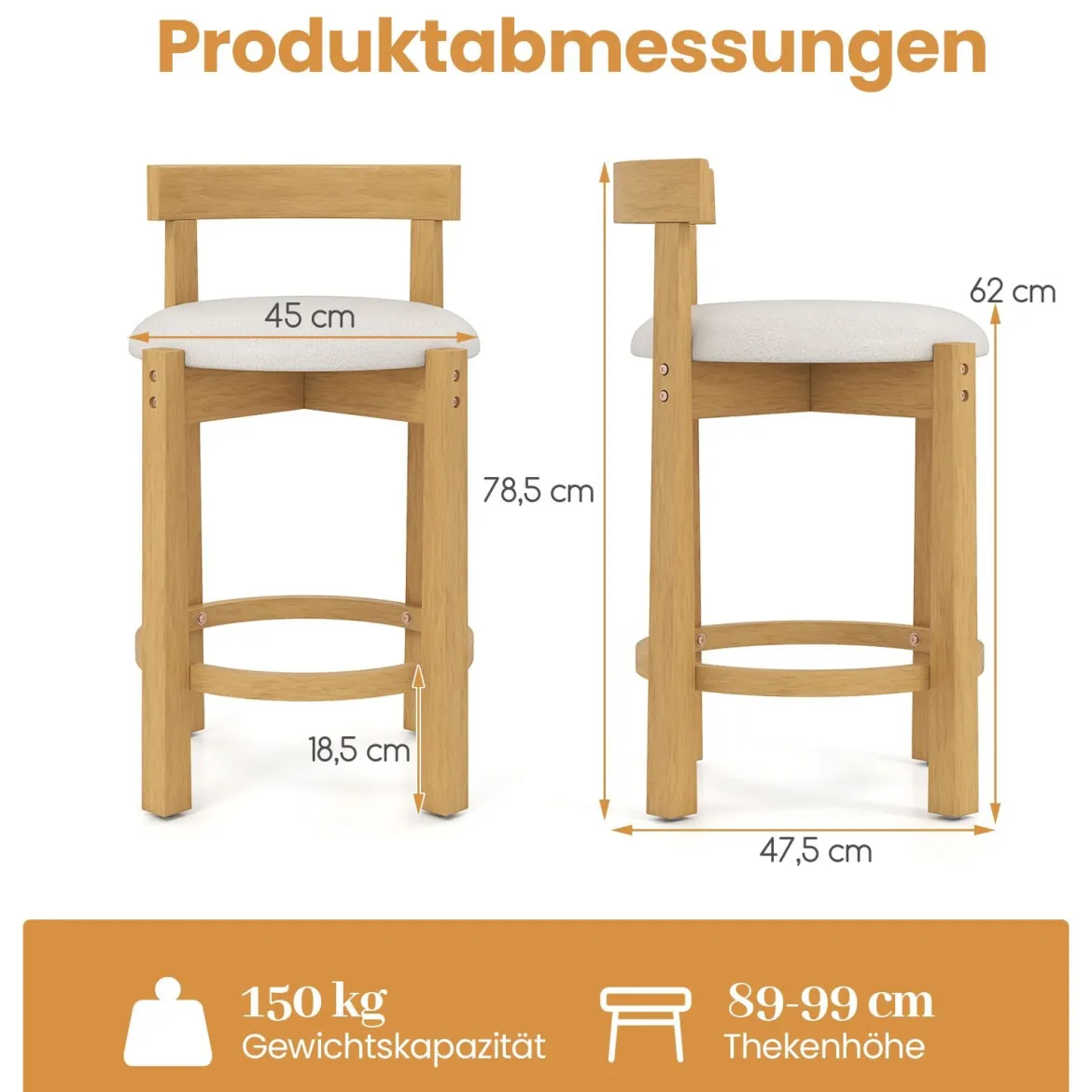 2er Set Barhocker Barstühle Holz mit Rückenlehnen & Fußstützen Küchenhocker Sitzhöhe 62cm Natur