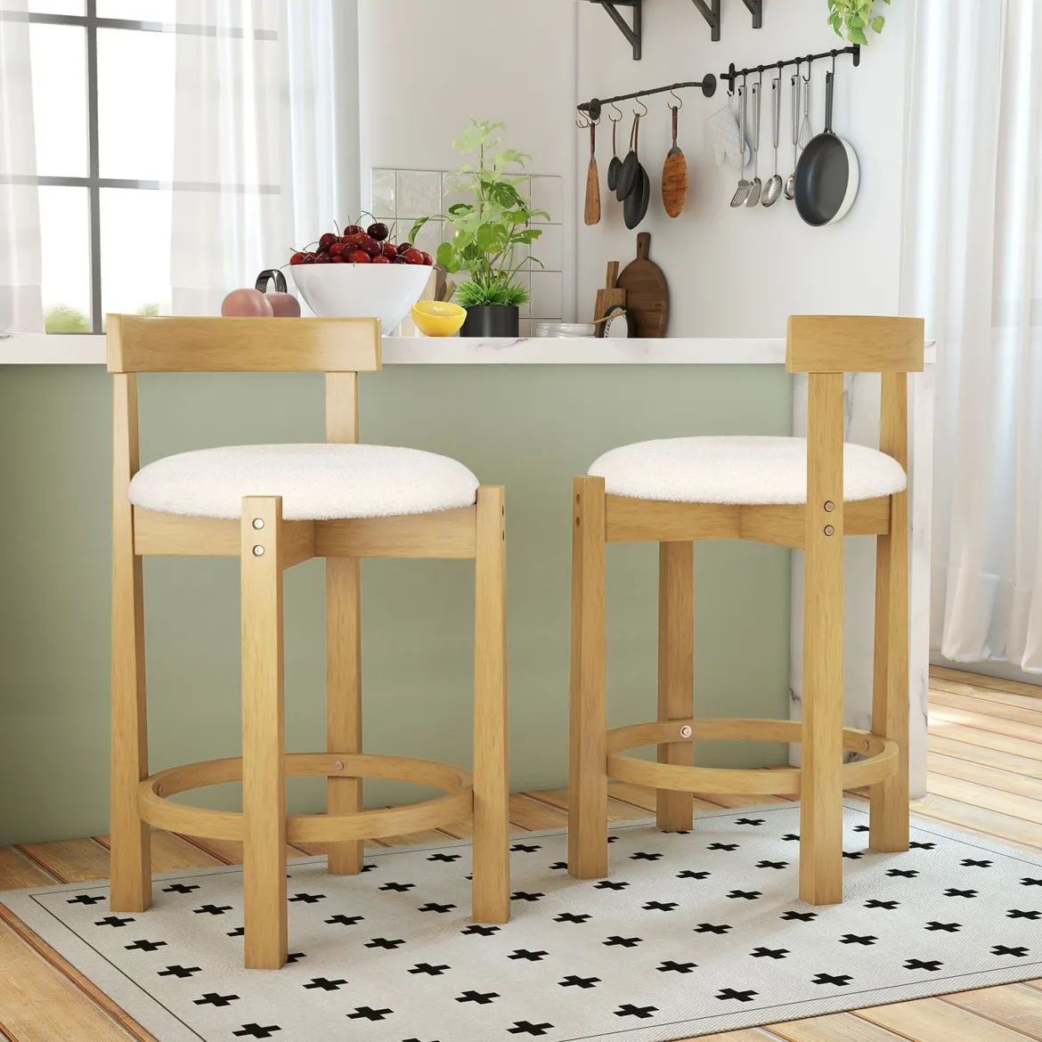 2er Set Barhocker Barstühle Holz mit Rückenlehnen & Fußstützen Küchenhocker Sitzhöhe 62cm Natur