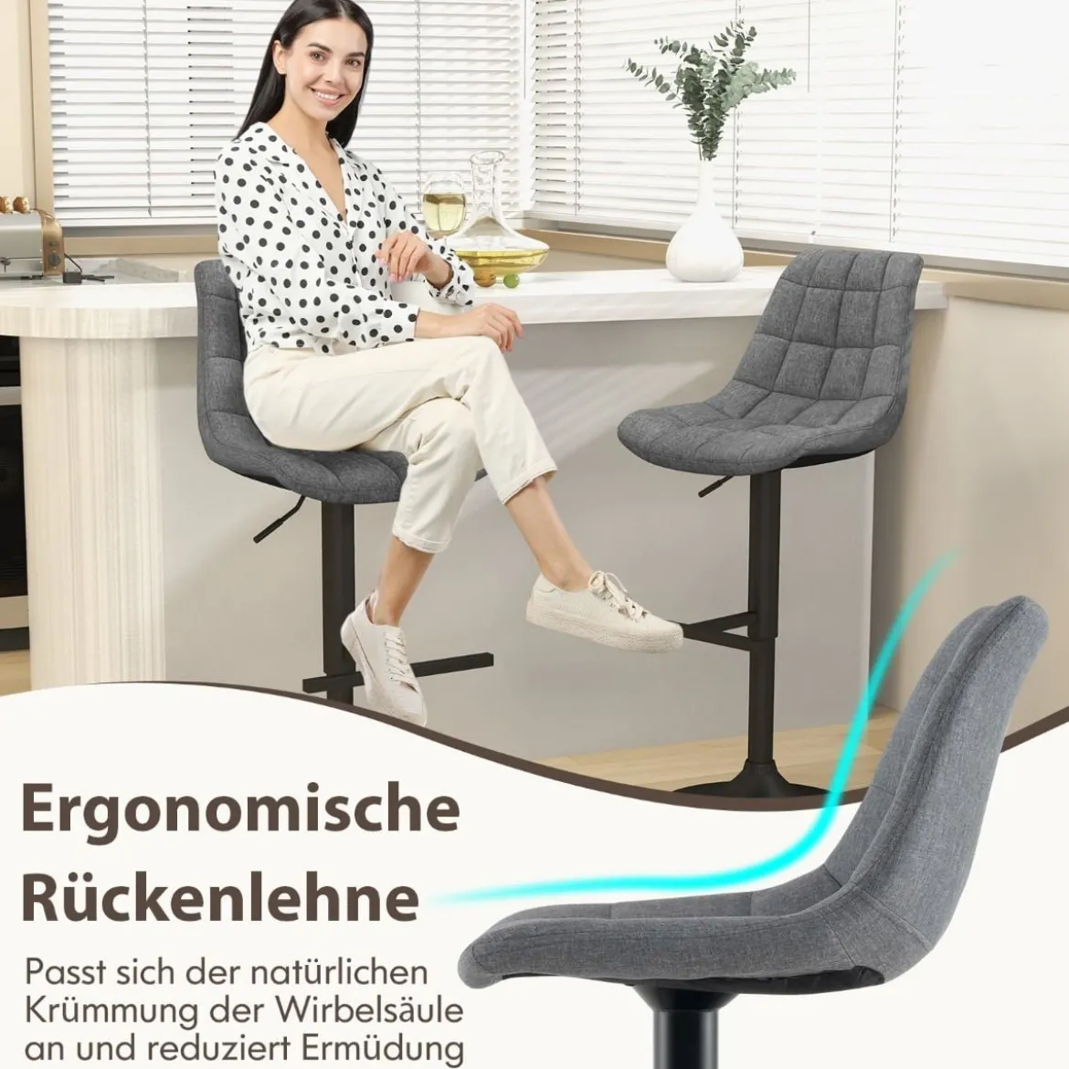 2er Set Barhocker Barstuhl Küchenstuhl 360° drehbar & höhenverstellbar Bistrohocker Grau