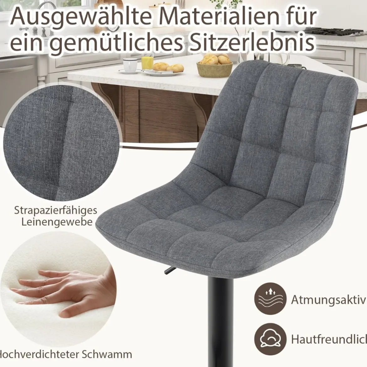 2er Set Barhocker Barstuhl Küchenstuhl 360° drehbar & höhenverstellbar Bistrohocker Grau