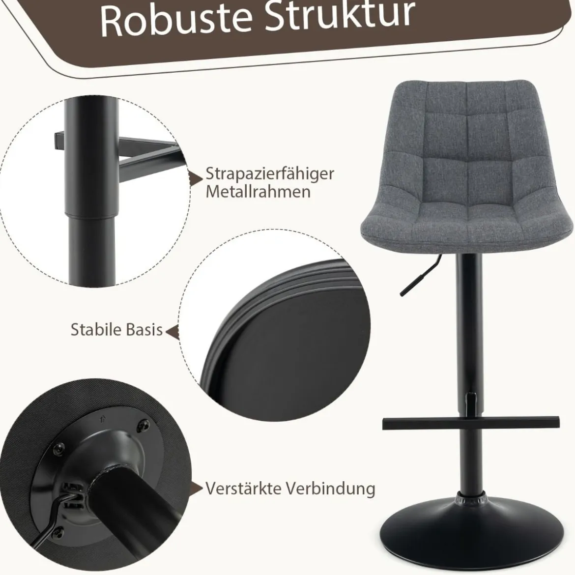 2er Set Barhocker Barstuhl Küchenstuhl 360° drehbar & höhenverstellbar Bistrohocker Grau