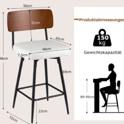 2er Set Barhocker drehbar Barstuhl industriell mit gepolsterter Rückenlehne Quadrat Weiß