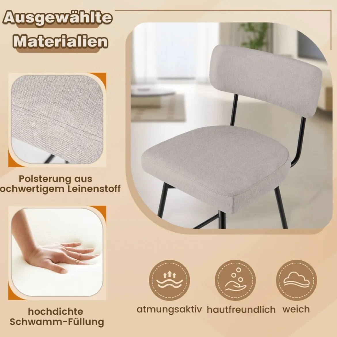 2er Set Barhocker drehbar Barstuhl gepolstert mit Rückenlehne & Fußstütze Grau/Beige