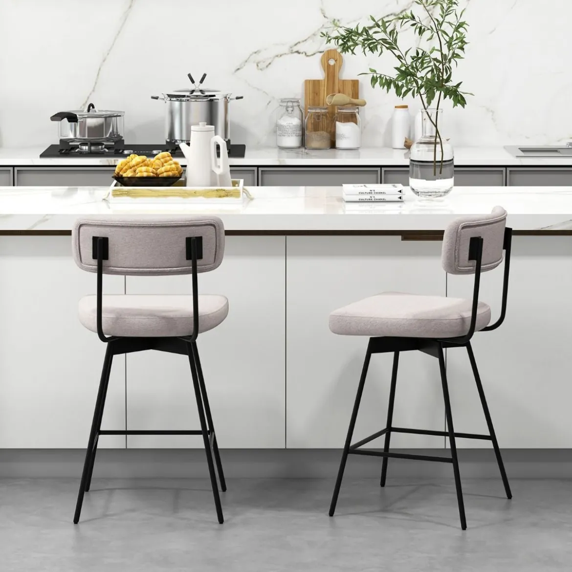 2er Set Barhocker drehbar Barstuhl gepolstert mit Rückenlehne & Fußstütze Grau/Beige